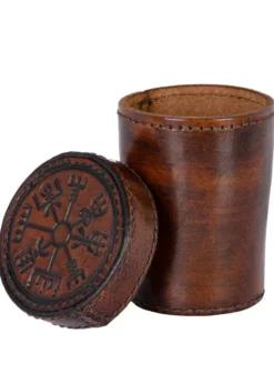 Würfelbecher aus Leder mit Deckel, Vegvisir-Prägung, braun