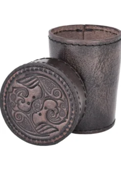 Würfelbecher aus Leder mit Deckel, Raben-Prägung, grau