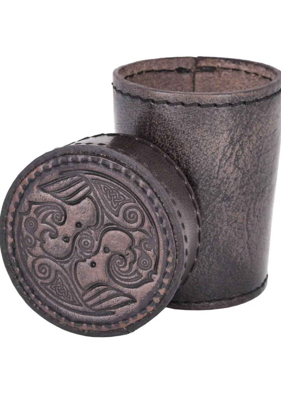 Würfelbecher aus Leder mit Deckel, Raben-Prägung, grau