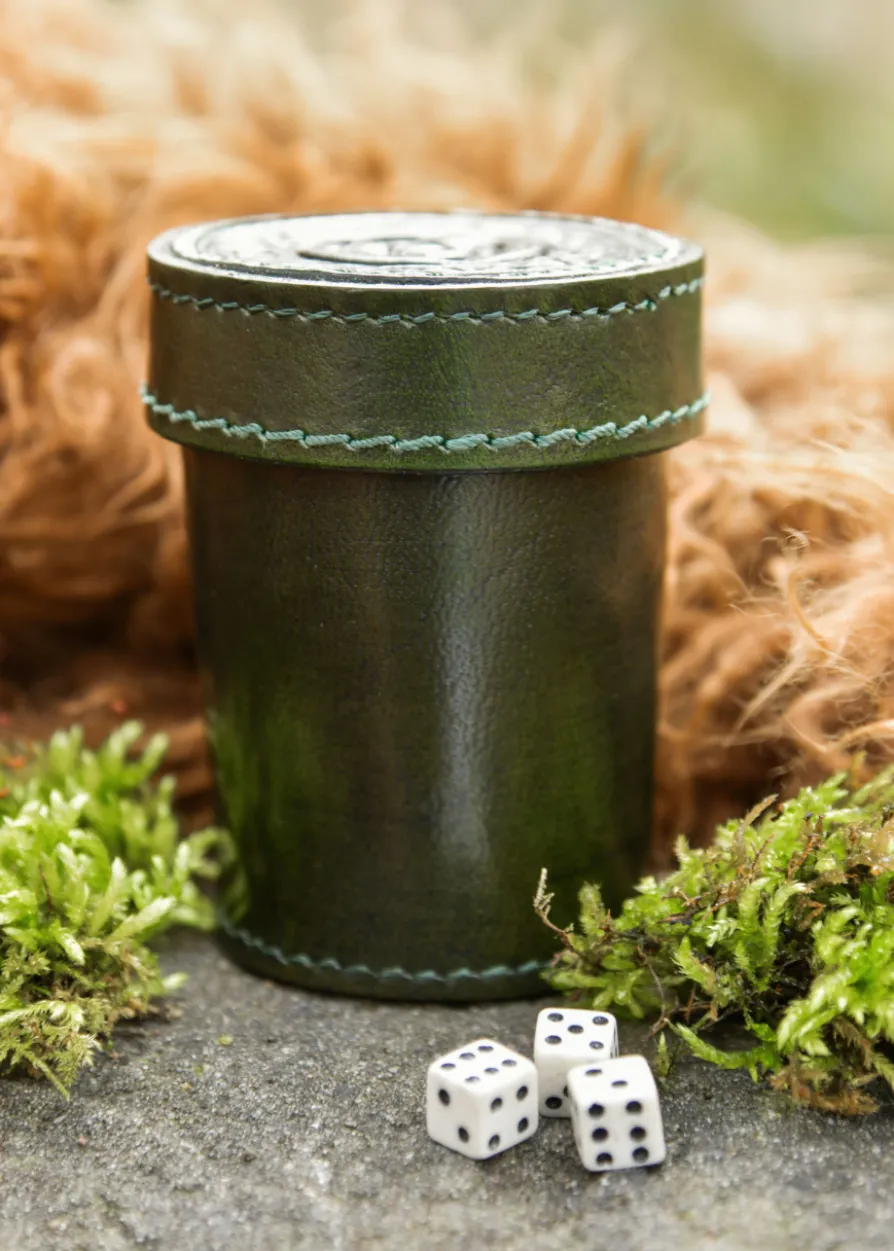 Würfelbecher aus Leder mit Deckel, Knotenmuster-Prägung, grün