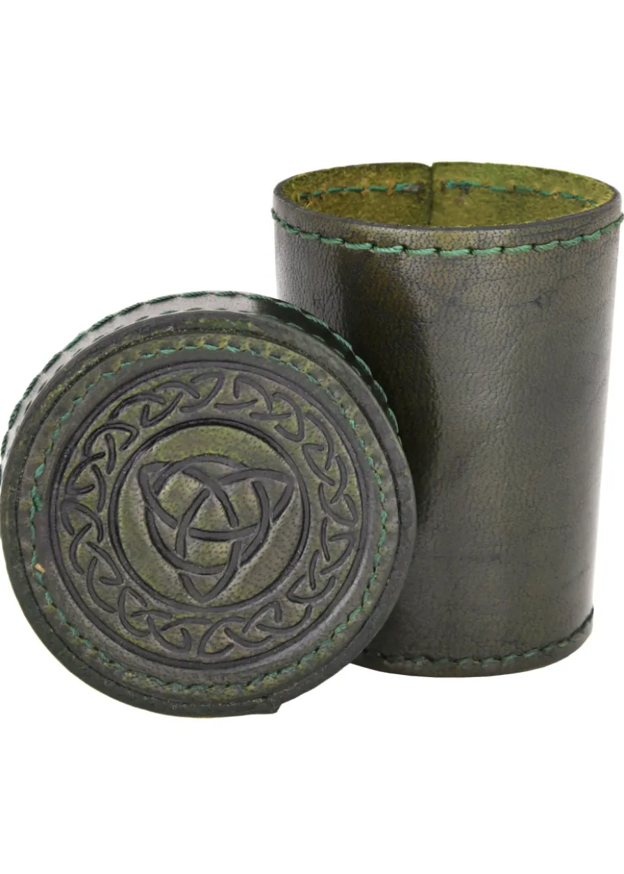 Würfelbecher aus Leder mit Deckel, Knotenmuster-Prägung, grün