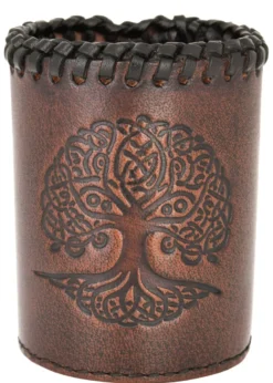 Würfelbecher aus Leder mit Yggdrasil-Prägung, braun